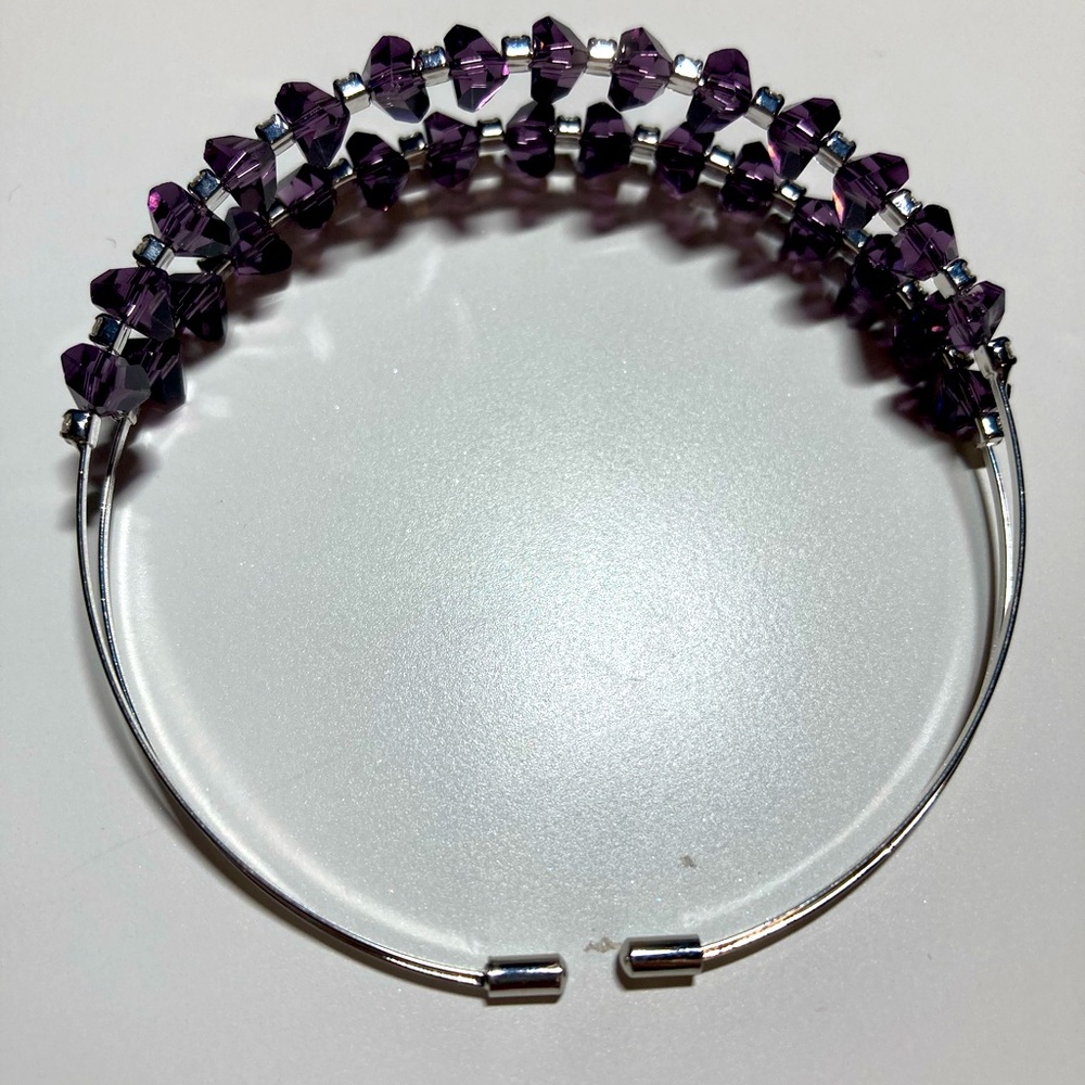 Silver cuff bracelet with dark purple faceted glass beads, sparkly, nwot